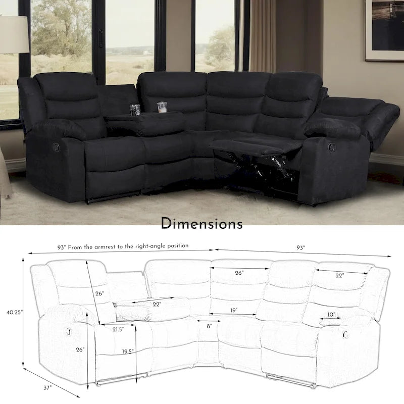 Sofá seccional reclinable manual de 5 piezas de poliéster/gamuza de 93 pulgadas de ancho