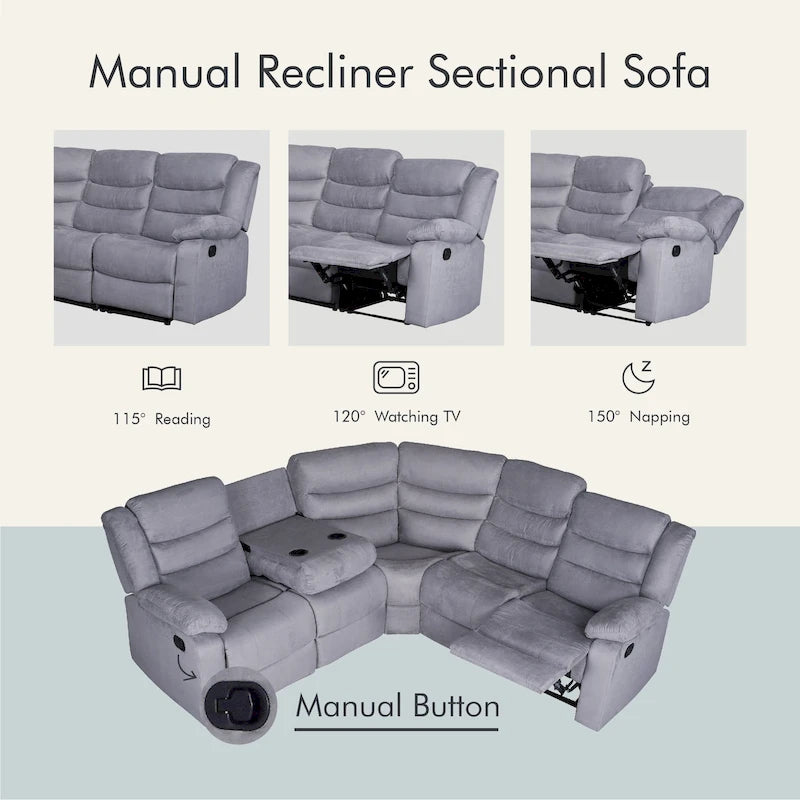 Sofá seccional reclinable manual de 5 piezas de poliéster/gamuza de 93 pulgadas de ancho