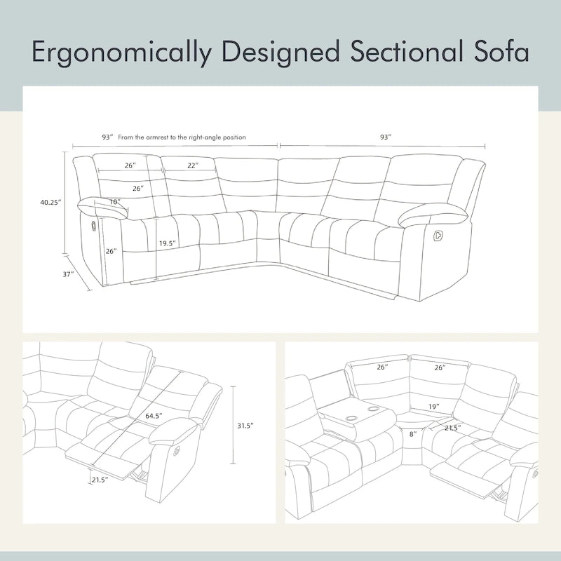 Sofá seccional reclinable manual de 5 piezas de poliéster/gamuza de 93 pulgadas de ancho