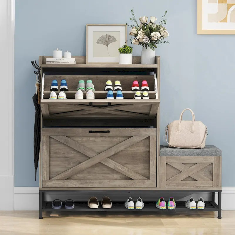 Zapatero de Granja con 2 Cajones Abatibles para 16 Pares, Mueble para Zapatos de Entrada con Banco