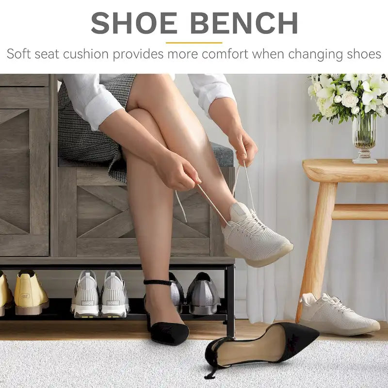 Zapatero de Granja con 2 Cajones Abatibles para 16 Pares, Mueble para Zapatos de Entrada con Banco