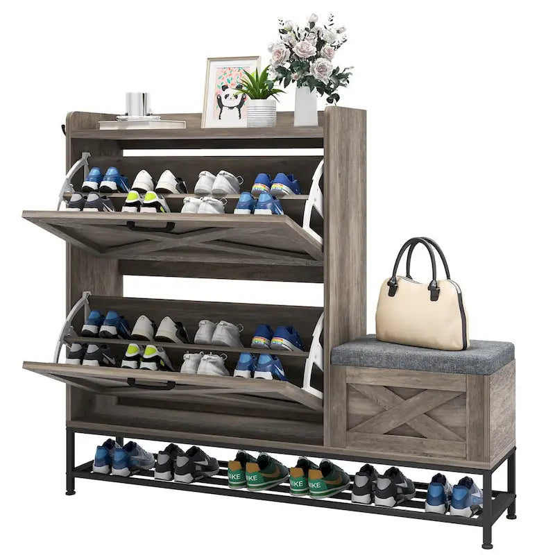 Zapatero de Granja con 2 Cajones Abatibles para 16 Pares, Mueble para Zapatos de Entrada con Banco
