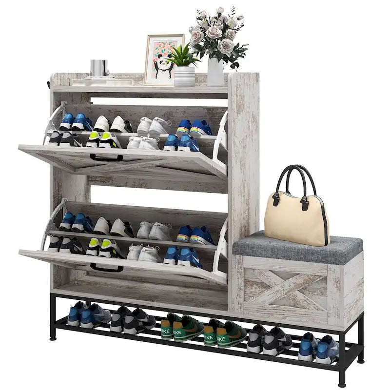 Zapatero de Granja con 2 Cajones Abatibles para 16 Pares, Mueble para Zapatos de Entrada con Banco