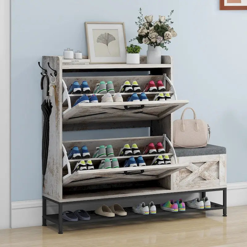 Zapatero de Granja con 2 Cajones Abatibles para 16 Pares, Mueble para Zapatos de Entrada con Banco