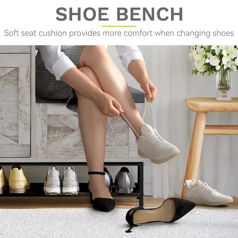 Zapatero de Granja con 2 Cajones Abatibles para 16 Pares, Mueble para Zapatos de Entrada con Banco