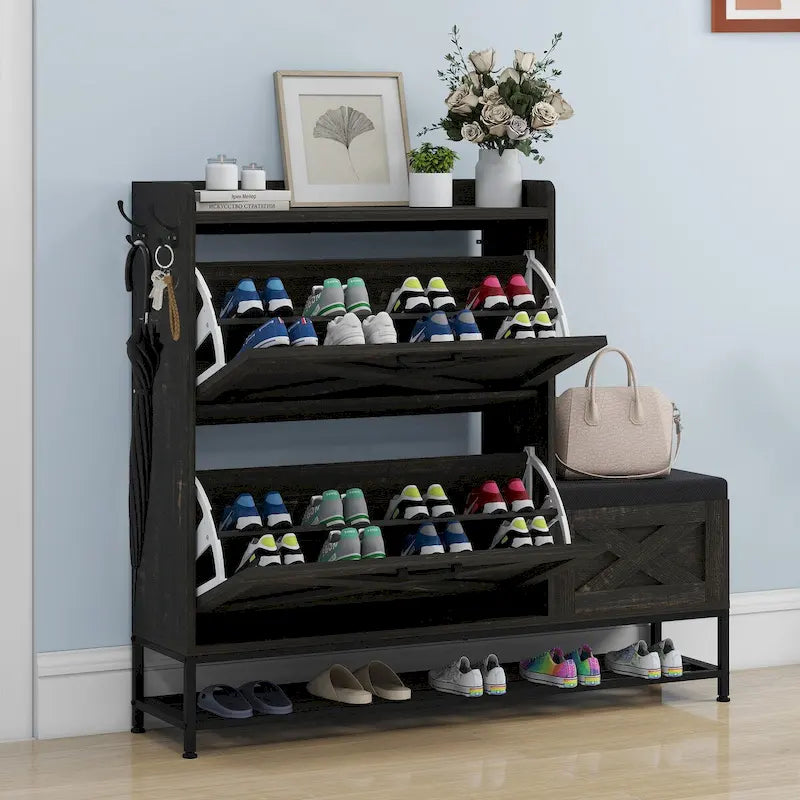 Zapatero de Granja con 2 Cajones Abatibles para 16 Pares, Mueble para Zapatos de Entrada con Banco