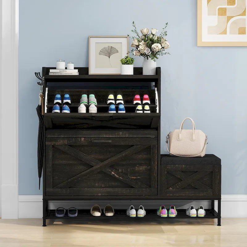 Zapatero de Granja con 2 Cajones Abatibles para 16 Pares, Mueble para Zapatos de Entrada con Banco