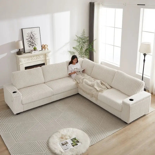 110-Inch L-Shape Oversized Corduroy Corner Sofa with Two Storage Spaces,USB Port, Type-C Port and Cup-Holder
